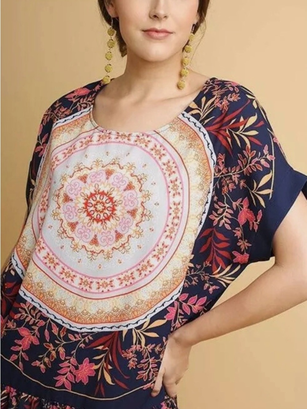 Boutique Umgee Floral Medallion Navy Women's Blouse Size Small